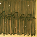 A close-up of a dark green fringed curtain or tapestry with embroidered leaf patterns and small white bead accents, shown against a warm beige background.