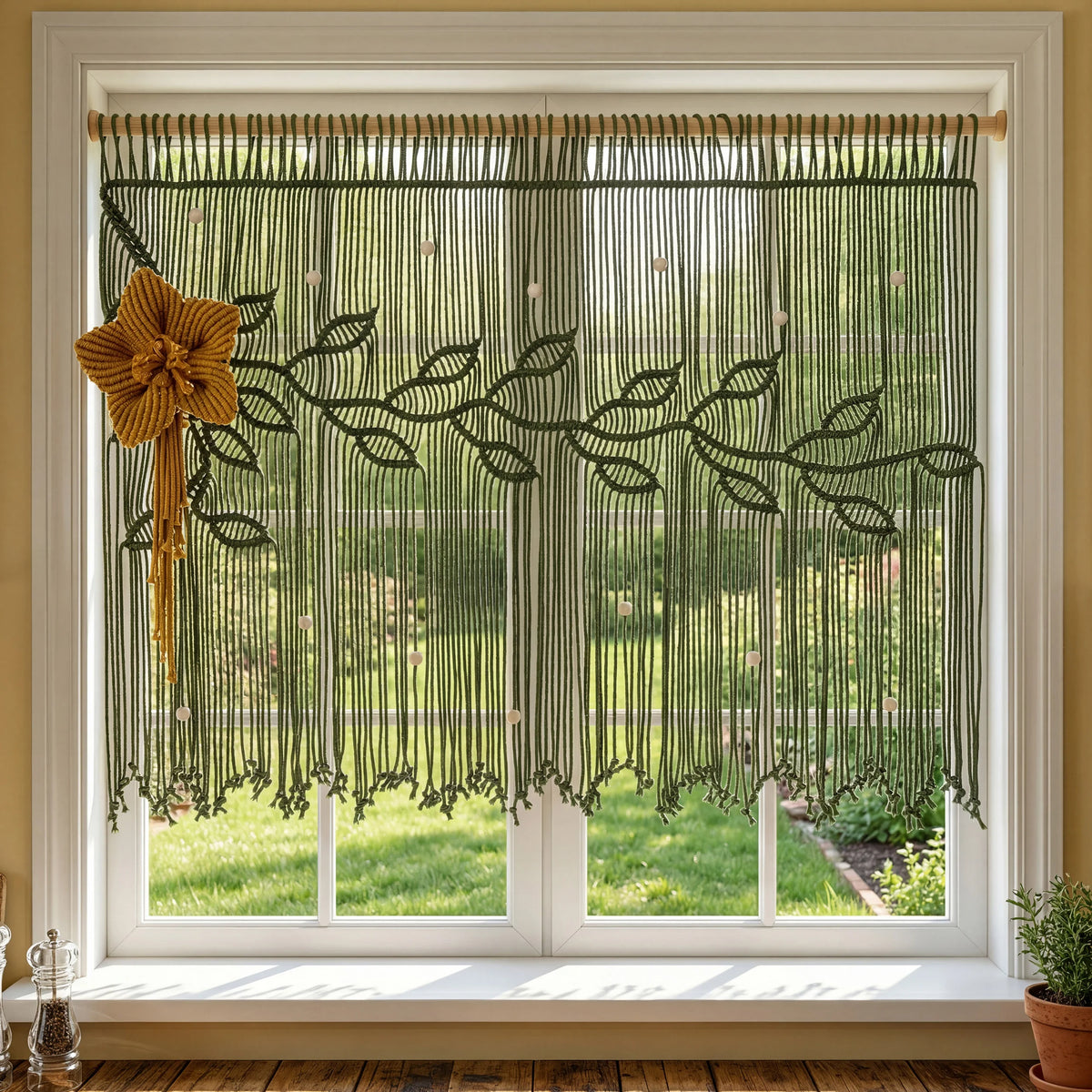 A dark green macrame wall hanging with leafy vine patterns and hanging fringe, displayed on a beige wood-paneled wall with a rustic wooden headboard below.