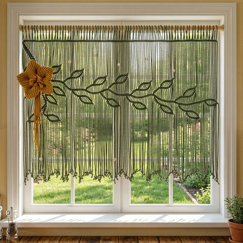 A dark green macrame wall hanging with leafy vine patterns and hanging fringe, displayed on a beige wood-paneled wall with a rustic wooden headboard below.