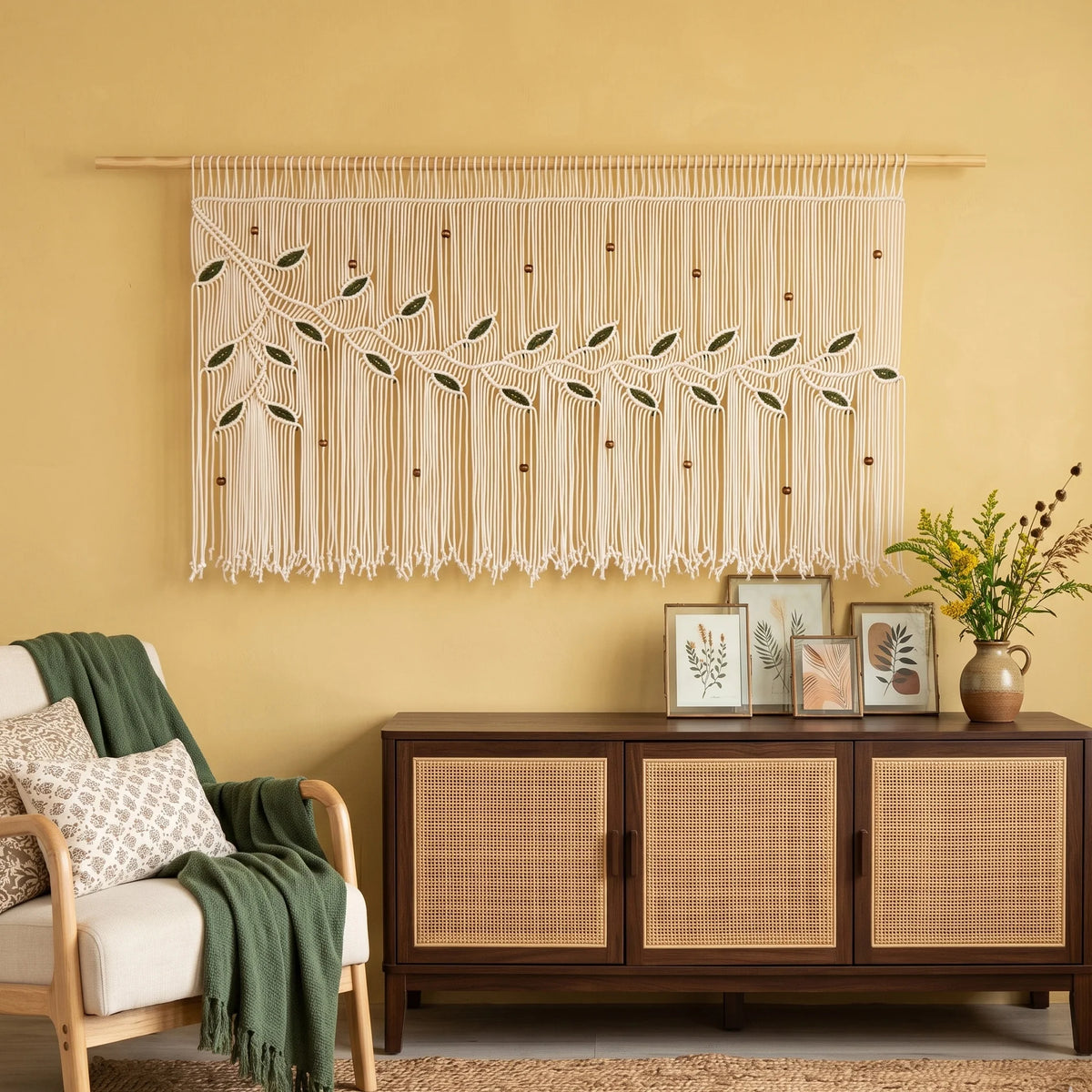 A decorative window curtain panel hangs in a window above a green sofa in a warm yellow living room. The curtain has a dark gray leafy vine design with a large yellow flower accent on the left side and long fringe at the bottom.