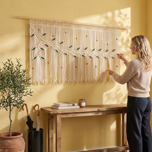 A woman sits on a bed in a cozy bedroom setting, holding an open book. The room features a large olive green macrame wall hanging with leaf patterns, styled with pink bedding, a wooden headboard, and a yellow shiplap wall.
