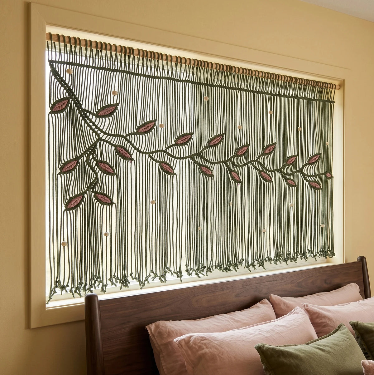 Nordica Olive Green Macrame with Blush Pink Leaves Window Curtain