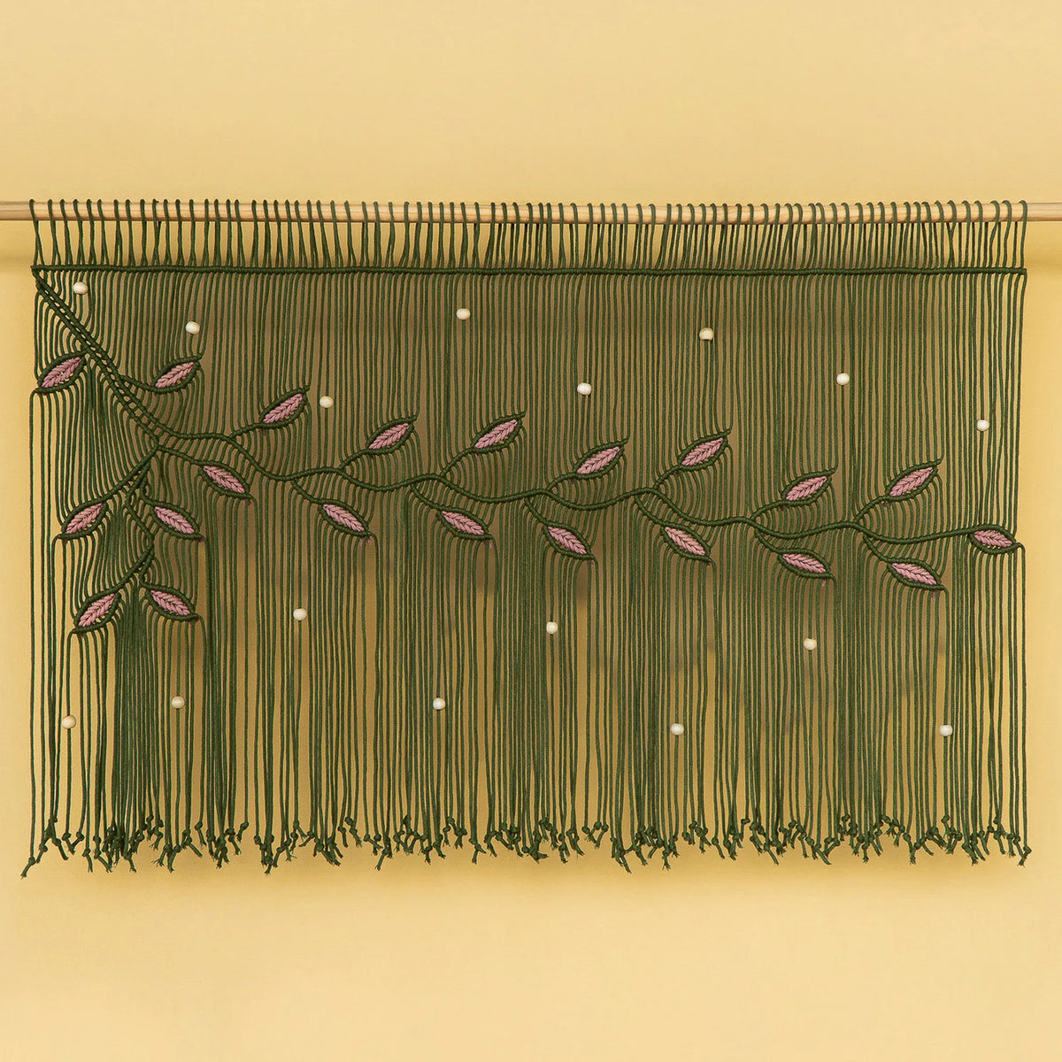 Nordica Olive Green Macrame with Blush Pink Leaves Window Curtain