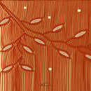 A close-up of a patterned fabric featuring vertical olive green stripes on a warm mustard-yellow background, decorated with embroidered dark green leafy vines and pink flower buds, accented with small white pearl-like beads.