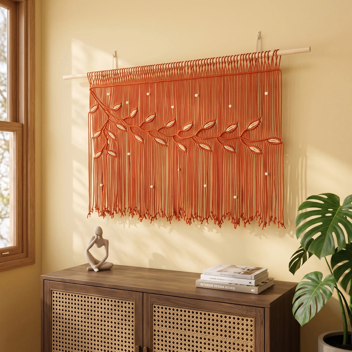 A bohemian-style woven wall hanging with green fringes, embroidered leaf motifs, and hanging beads, displayed on a beige wall above a wooden console table.