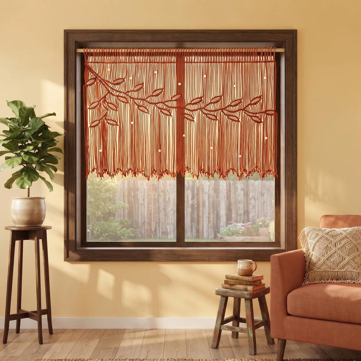 A rust-orange macrame valance with a leafy branch pattern hanging in a dark wood window frame, styled in a warm, modern living room setting with a potted plant and an orange armchair.