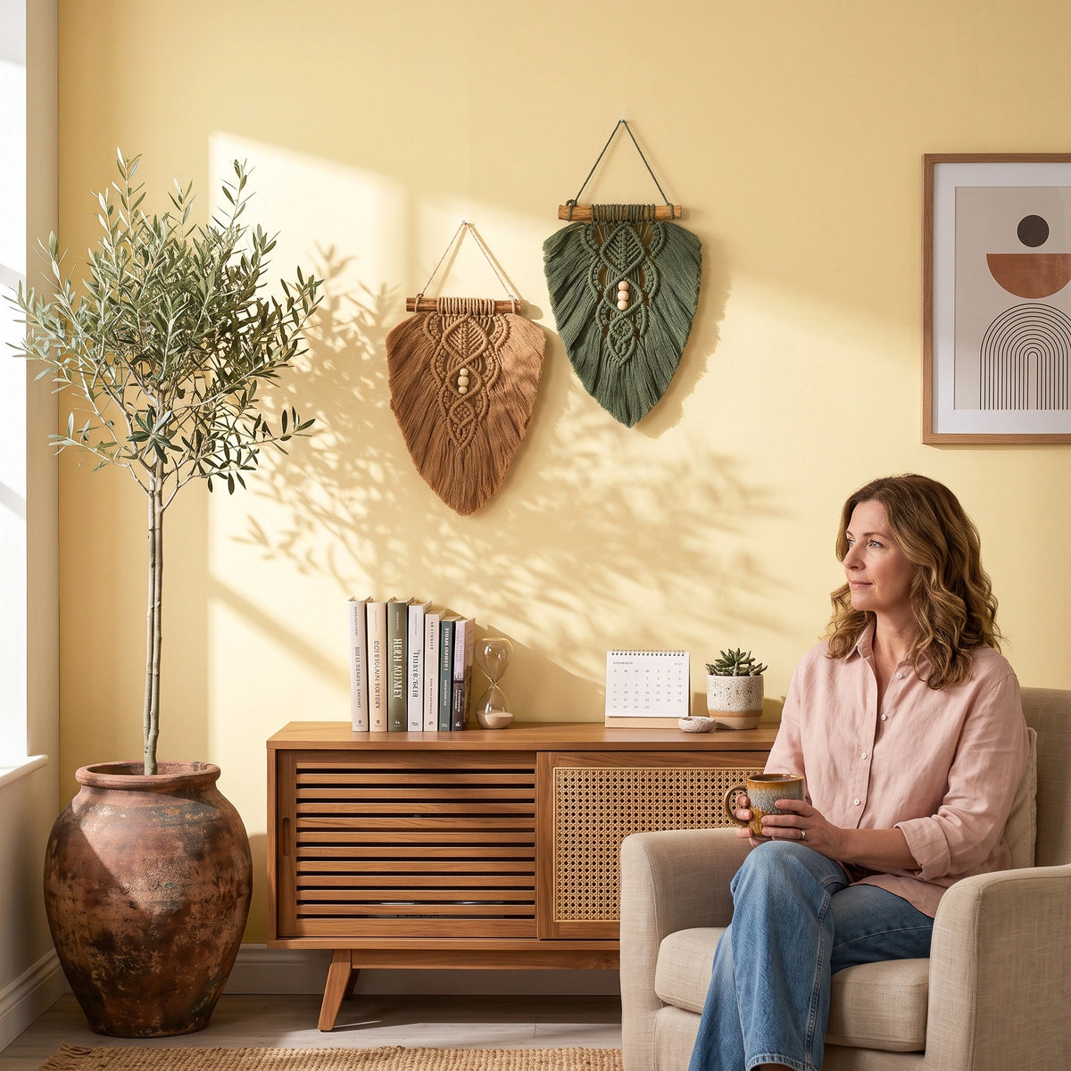 A woman sits in a beige armchair in a sunlit living room, holding a mug. Two woven wall hangings in brown and green hang on a pale yellow wall above a wooden sideboard with books and a small plant.