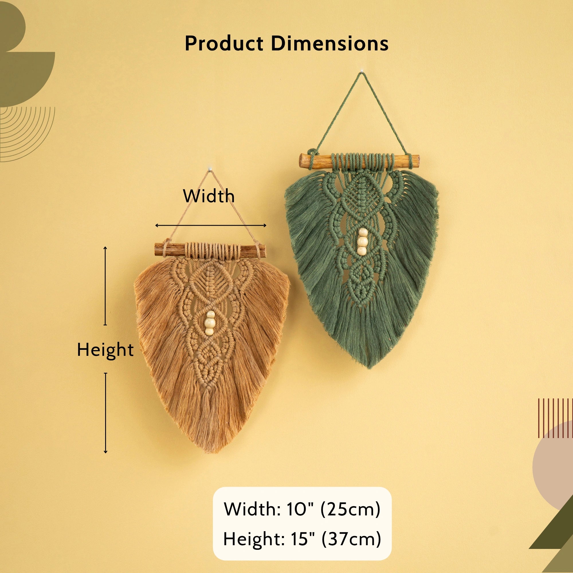 Product dimensions diagram showing two woven wall hanging macrame wall decor pieces in natural tan and sage green, with labeled width and height measurements on a warm beige background.