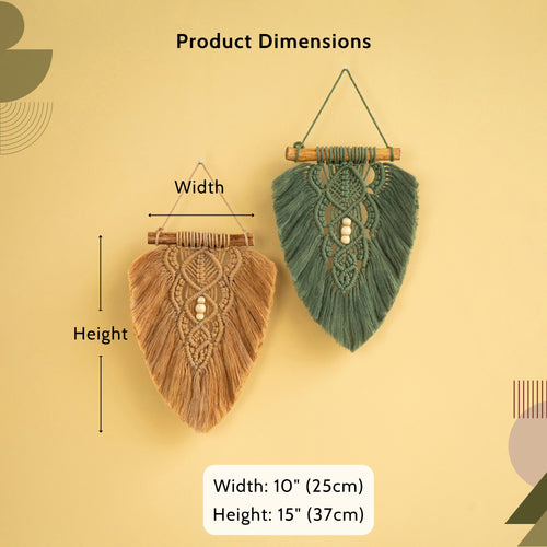Product dimensions diagram showing two woven wall hanging macrame wall decor pieces in natural tan and sage green, with labeled width and height measurements on a warm beige background.