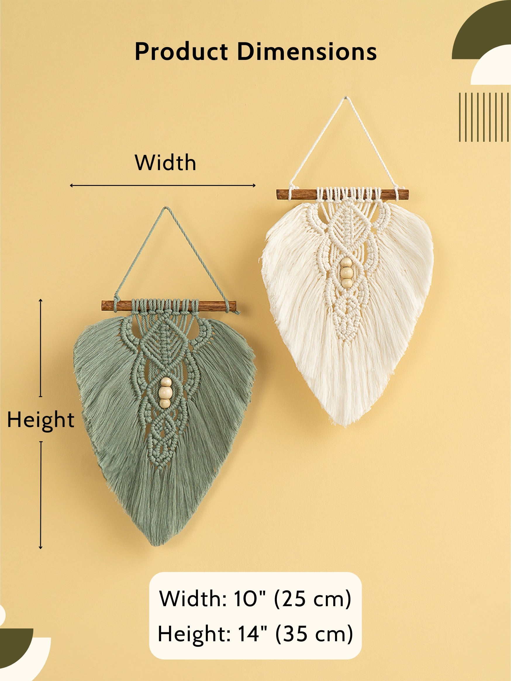 Two macrame wall hangings with measurements on a beige background