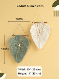 Two macrame wall hangings with measurements on a beige background