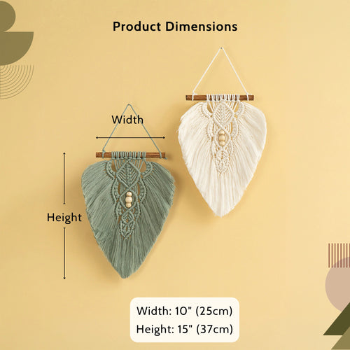 Product dimensions diagram showing two woven wall hangings on a beige background, with labels for width and height and size measurements: 10 inches by 15 inches (25 cm by 37 cm). One hanging is sage green and one is cream.
