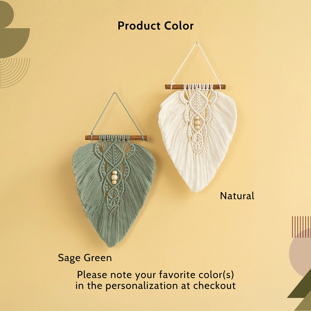 Two macrame wall hangings displayed against a warm beige background, labeled 'Product Color' with options 'Sage Green' and 'Natural'. The left hanging is sage green with a central wooden bead, and the right hanging is natural cream with a central wooden bead.