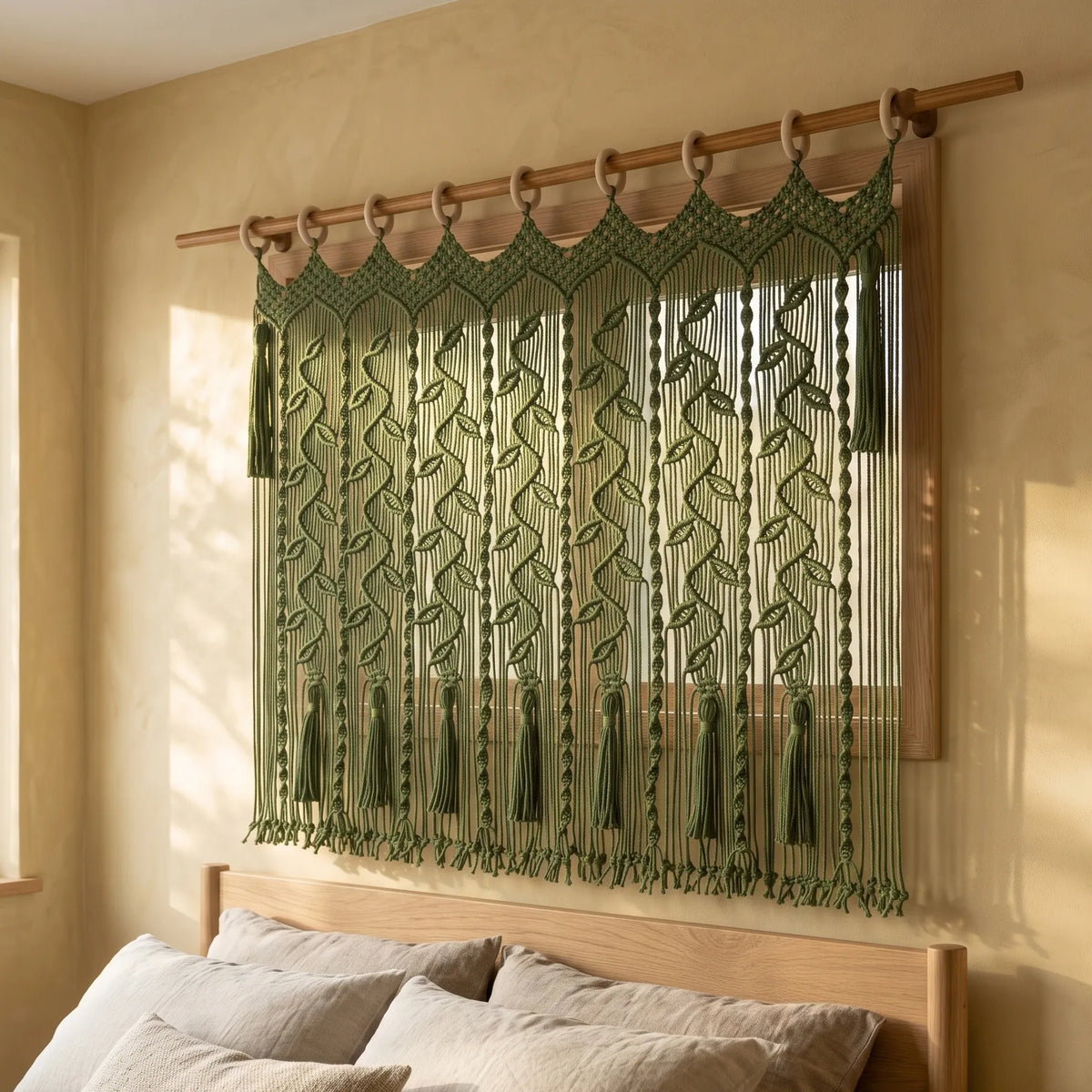An olive green macrame curtain panel hanging on a wooden rod in a bedroom setting, with a wooden headboard and neutral-toned bedding visible below.