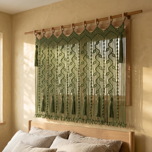 An olive green macrame curtain panel hanging on a wooden rod in a bedroom setting, with a wooden headboard and neutral-toned bedding visible below.