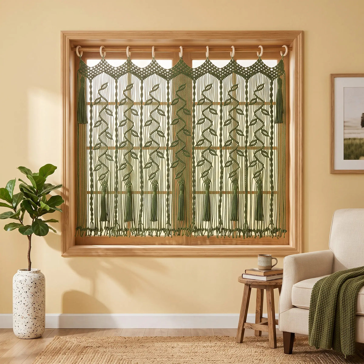A set of three window curtains with a green leaf pattern on a cream background, hanging in a wooden window frame in a styled room with a potted plant and an armchair.