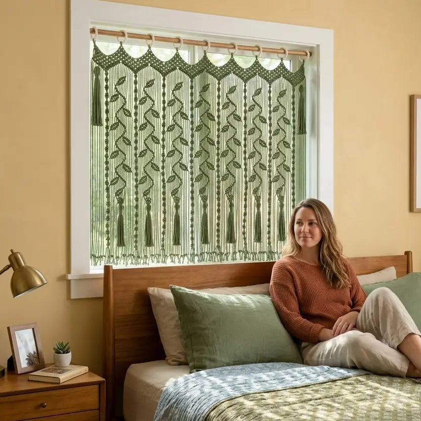 A woman sits on a bed in a bedroom setting, wearing a sage green patterned curtain panel hanging in front of a window. The curtain features a vertical leafy vine pattern with tassel details.