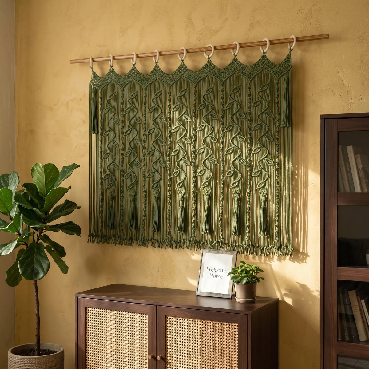 An olive green macrame wall hanging with intricate woven patterns and tassels, suspended from a wooden rod on a textured yellow wall in a styled room setting.