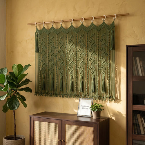 An olive green macrame wall hanging with intricate woven patterns and tassels, suspended from a wooden rod on a textured yellow wall in a styled room setting.