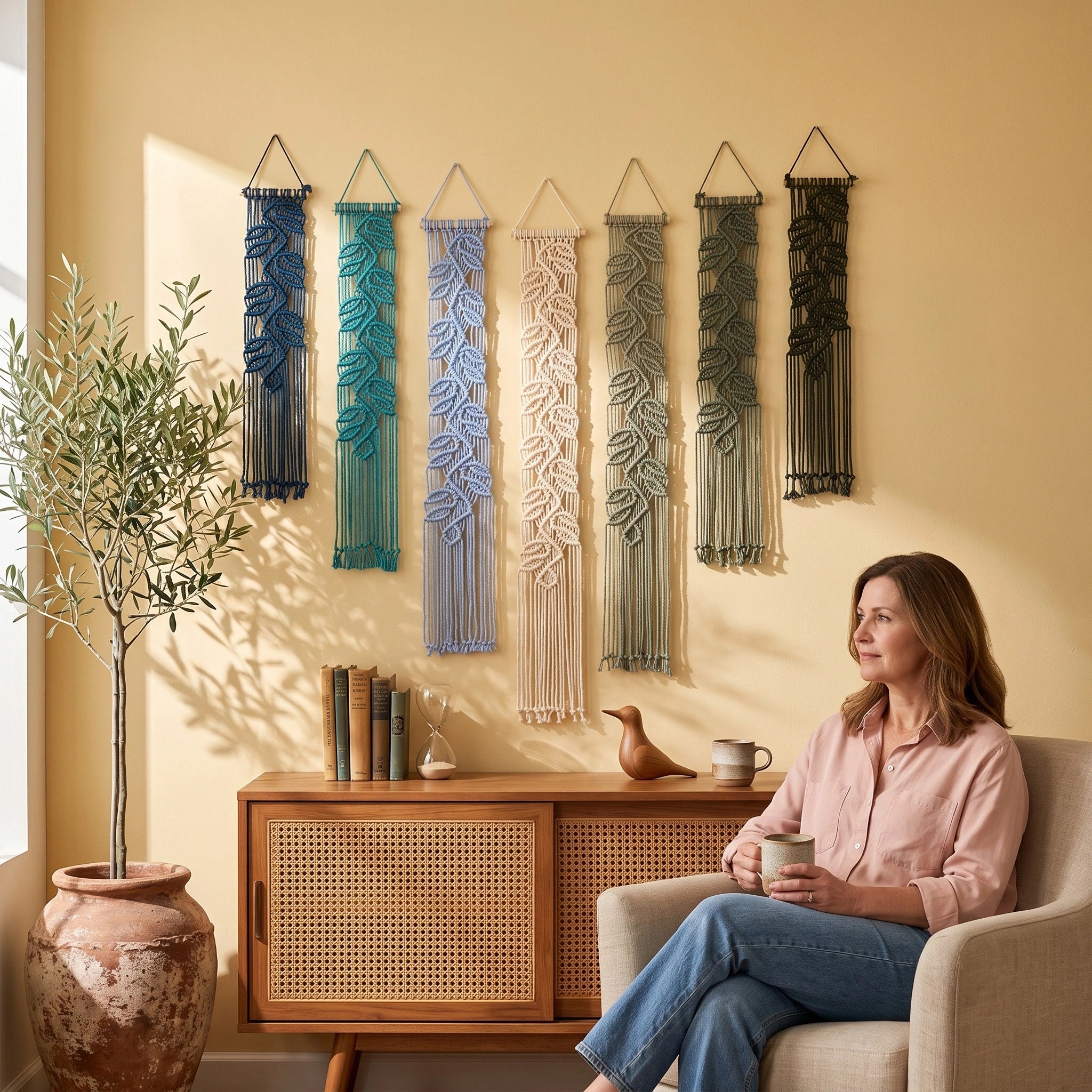 A woman sits in a beige armchair holding a mug in a sunlit room, with six woven wall hangings in assorted colors displayed above a wooden cabinet. A potted olive tree stands on the left.
