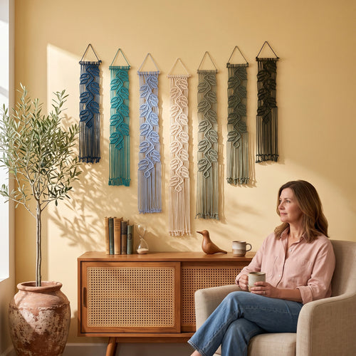 A woman sits in a beige armchair holding a mug in a sunlit room, with six woven wall hangings in assorted colors displayed above a wooden cabinet. A potted olive tree stands on the left.