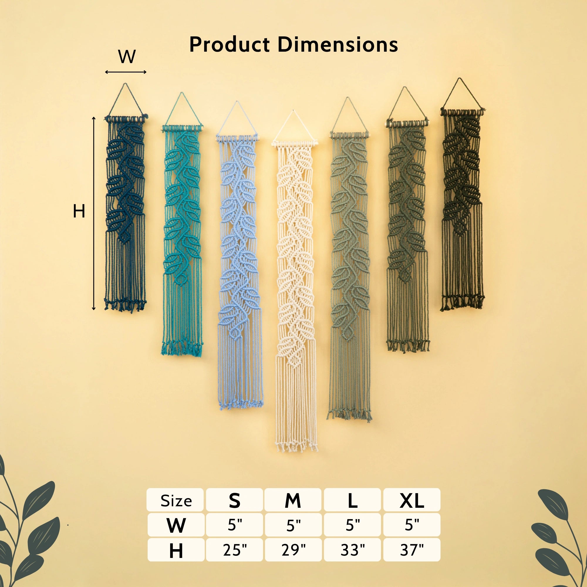 Product dimensions chart showing six macrame wall hangings in different colors (black, teal, light blue, cream, sage green, and dark olive) with labeled height and width measurements, plus a size reference table at the bottom on a beige background.