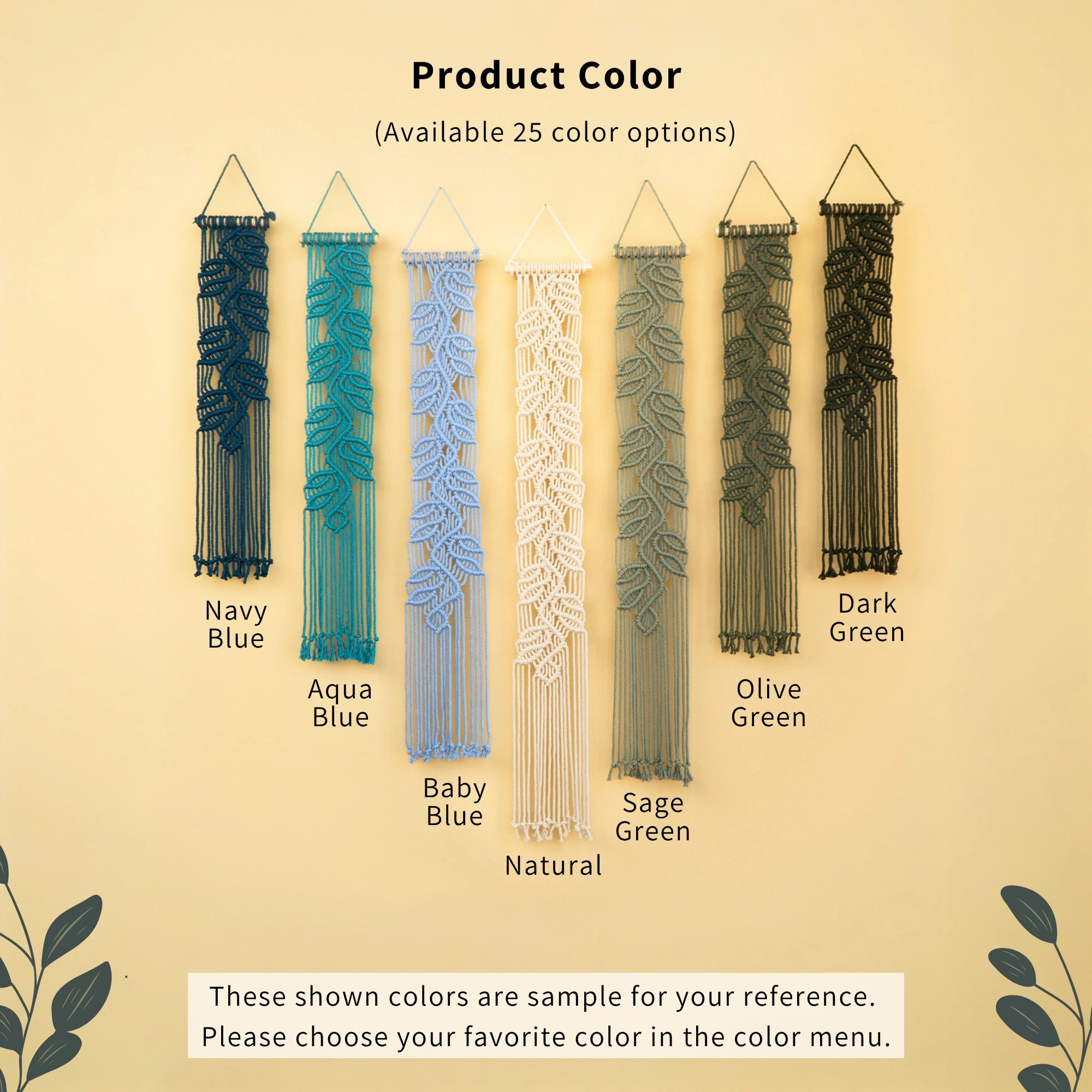 A product color chart showing six macrame wall hangings in different colors: Navy Blue, Aqua Blue, Baby Blue, Natural, Sage Green, and Dark Green, with text noting 25 color options and a note that these are sample colors for reference.