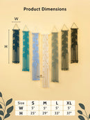 Product dimensions chart with decorative elements on a beige background