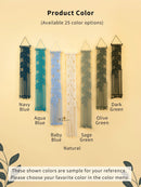 Color swatches of decorative wall hangings in various colors on a beige background.