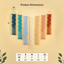 Product dimensions chart showing six macrame wall hangings in dark blue, teal, light blue, cream, beige, and terracotta, with measurement labels W, H, and a size table for S, M, L, and XL on a beige background.