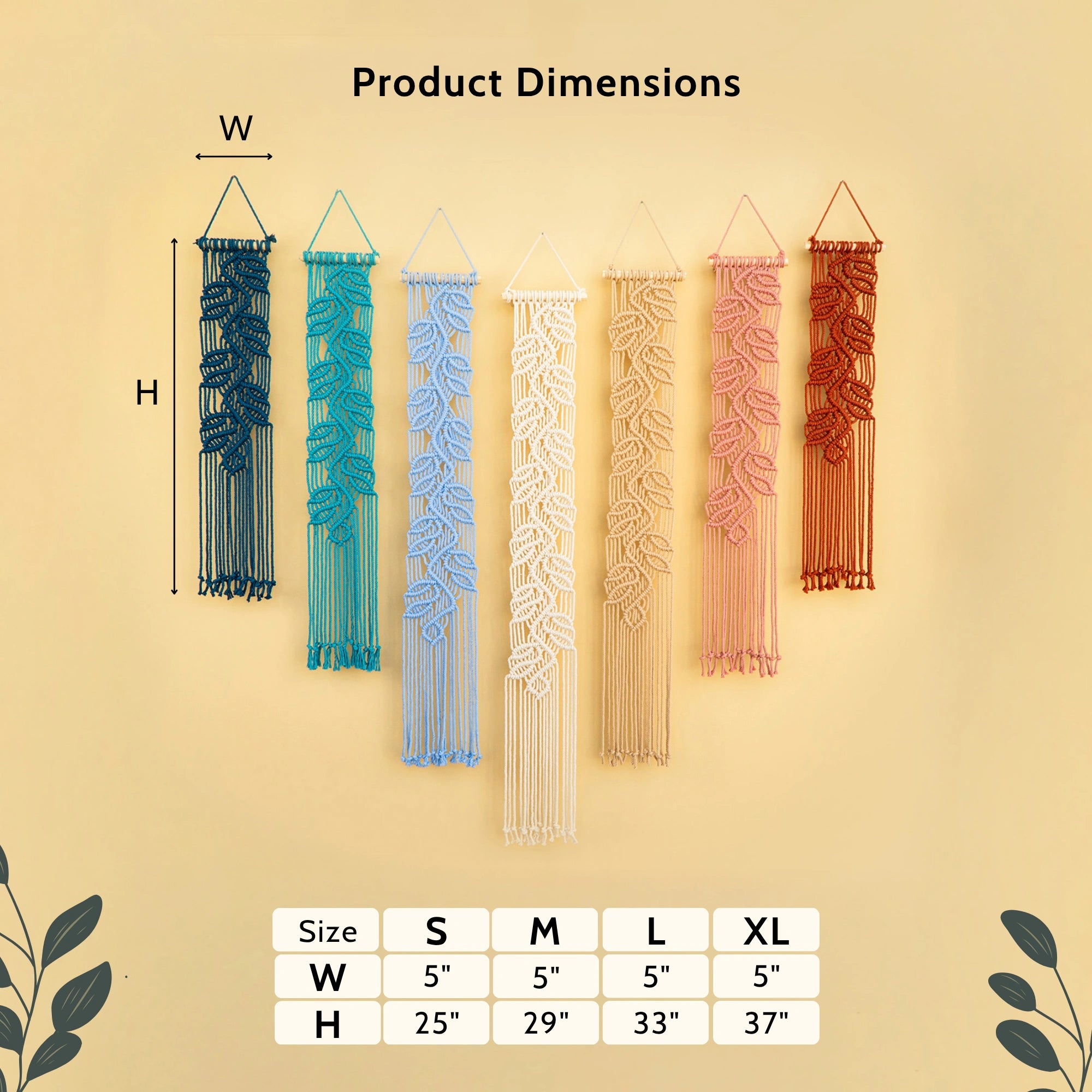 Product dimensions chart showing six macrame wall hangings in dark blue, teal, light blue, cream, beige, and terracotta, with measurement labels W, H, and a size table for S, M, L, and XL on a beige background.