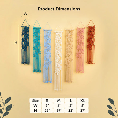 Product dimensions chart showing six macrame wall hangings in dark blue, teal, light blue, cream, beige, and terracotta, with measurement labels W, H, and a size table for S, M, L, and XL on a beige background.