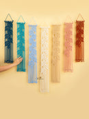 Set of colorful woven wall hangings on a yellow background