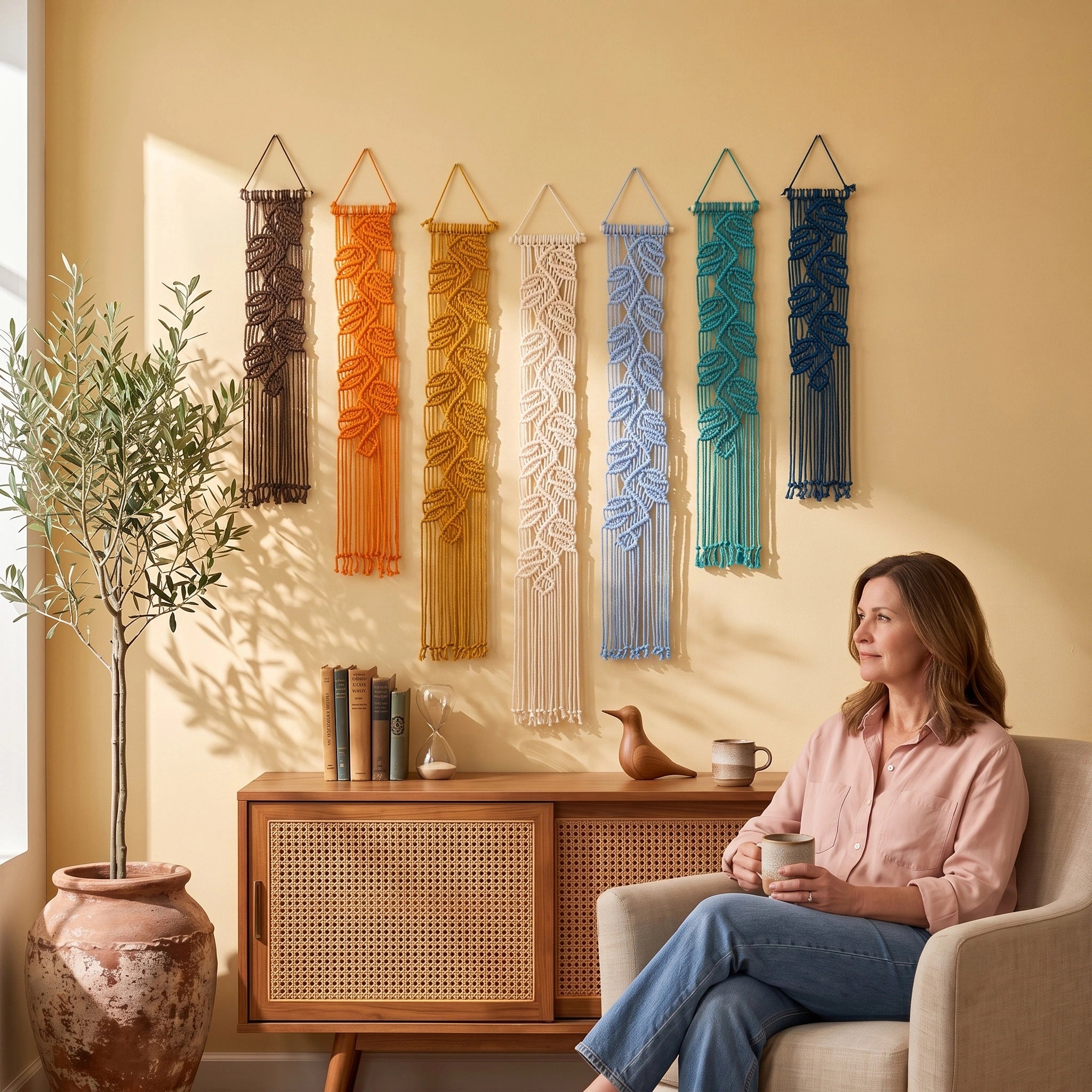 A woman sits in a beige armchair holding a mug in a sunlit room, with six colorful woven wall hangings displayed on a warm yellow wall above a wooden cabinet.