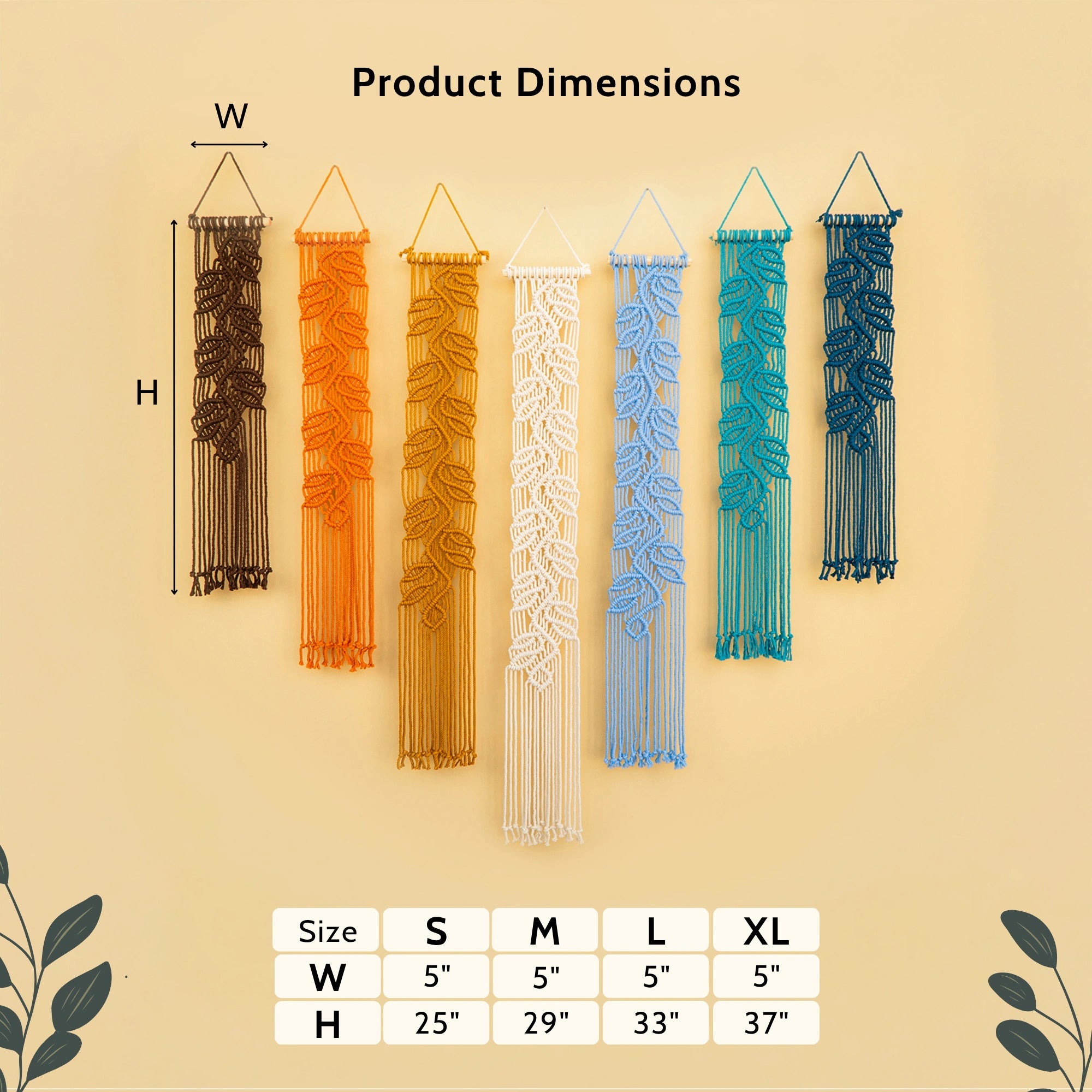 Product dimensions chart showing six macrame wall hangings in brown, orange, gold, white, light blue, and teal, with labeled height and width measurements and a size table below on a beige background.