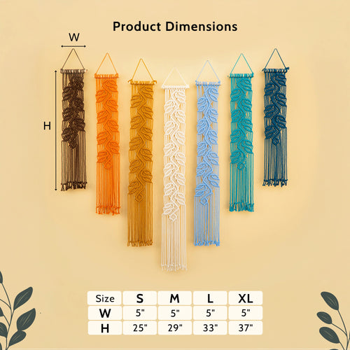Product dimensions chart showing six macrame wall hangings in brown, orange, gold, white, light blue, and teal, with labeled height and width measurements and a size table below on a beige background.