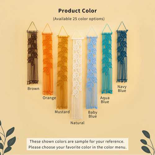 A product color options graphic showing six macrame wall hangings in different colors: Brown, Orange, Mustard, Natural, Baby Blue, and Navy Blue. The text at the top reads 'Product Color (Available 25 color options)' and the bottom text says the shown colors are sample options for the color menu.