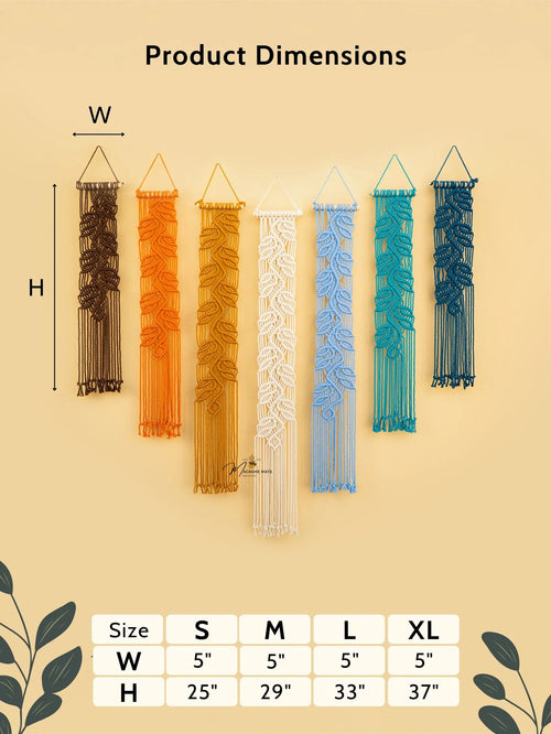 Macrame wall hangings with dimensions and color options on a beige background