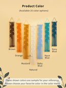 Color swatches of macrame wall hangings in various colors on a beige background.