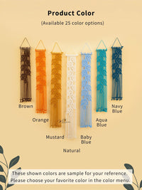Color swatches of macrame wall hangings in various colors on a beige background.
