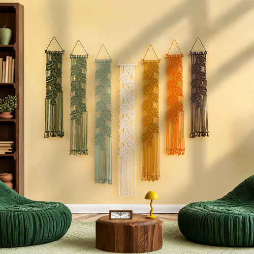 Gradient collection of narrow botanical macrame leaf vine banners in nature-inspired green and warm ochre shades