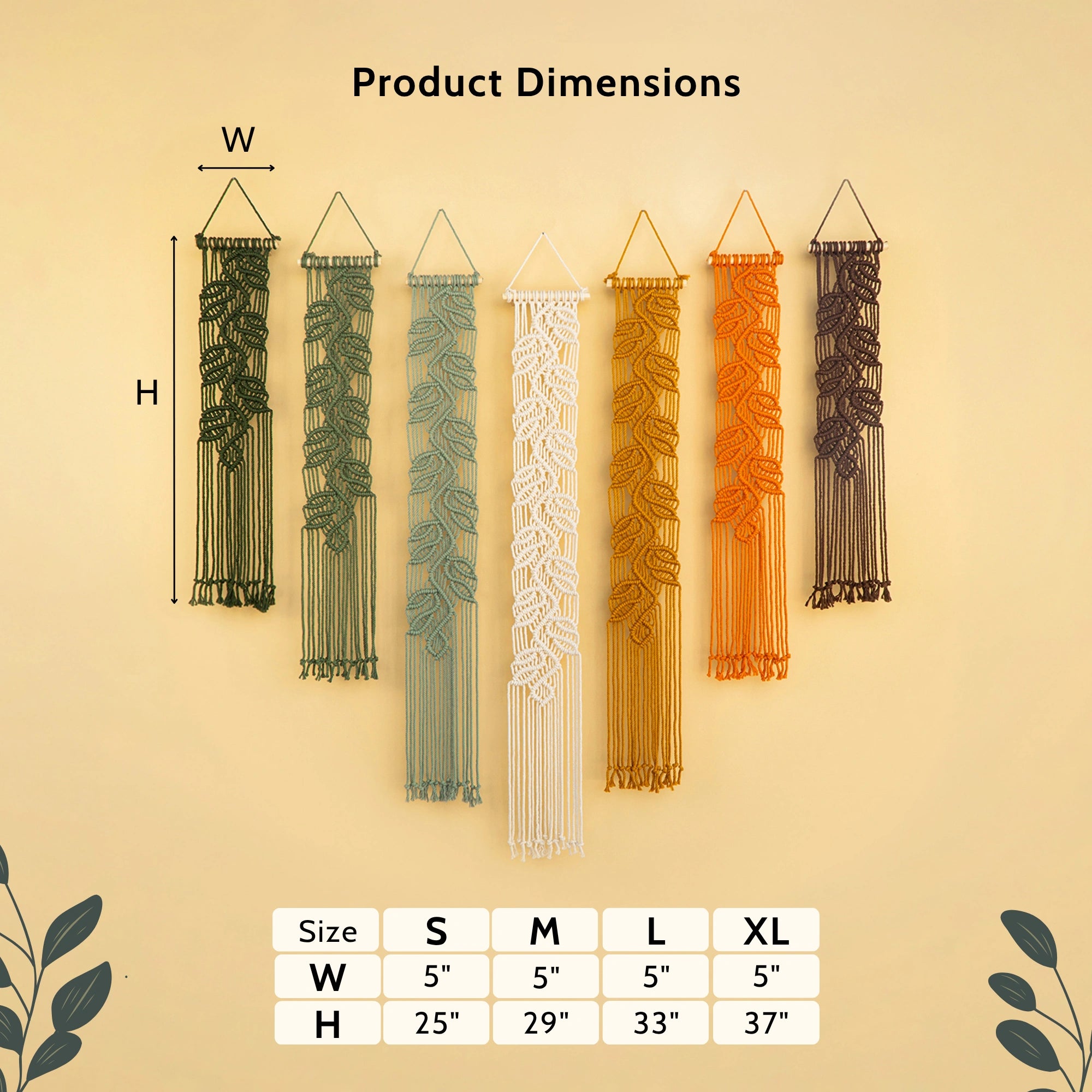 Earthy macrame wall hangings featuring forest green, olive, sage, off-white, mustard yellow, terracotta, and dark brown