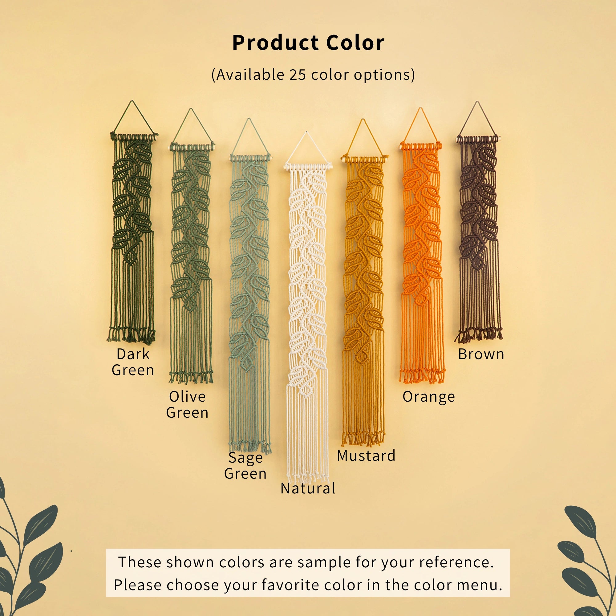 Product color options chart showing six woven macrame wall hangings in different colors: Dark Green, Olive Green, Sage Green, Natural, Orange, and Brown, with text stating 'Product Color (Available 25 color options)'.