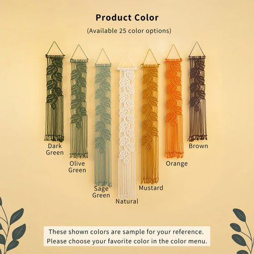 Product color options chart showing six woven macrame wall hangings in different colors: Dark Green, Olive Green, Sage Green, Natural, Orange, and Brown, with text stating 'Product Color (Available 25 color options)'.