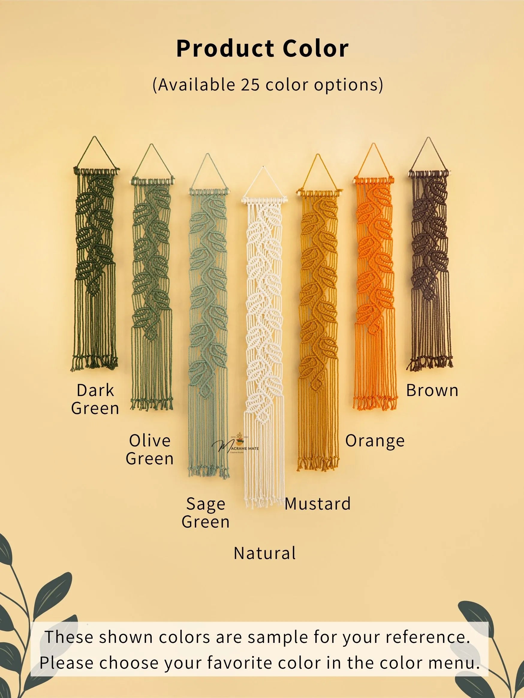 Color swatches of macrame wall hangings in various colors on a beige background.