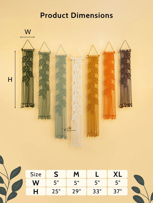 Wall hanging products with dimensions and color options on a beige background