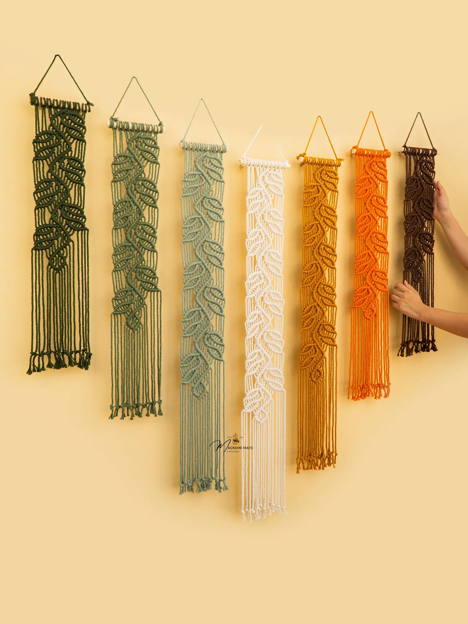 Set of six macrame wall hangings in various colors on a beige background
