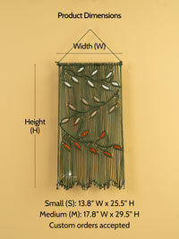 Measurement chart for a decorative wall hanging with dimensions labeled on a beige background.