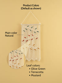 Macrame wall hanging with leaf patterns on a beige background