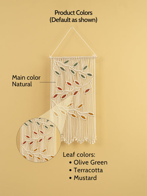 Macrame wall hanging with leaf patterns on a beige background